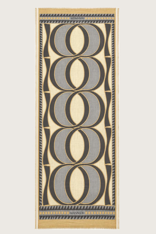Dev Bambunoor Bej-Gri Monogram Baskı Yün Şal 70x210