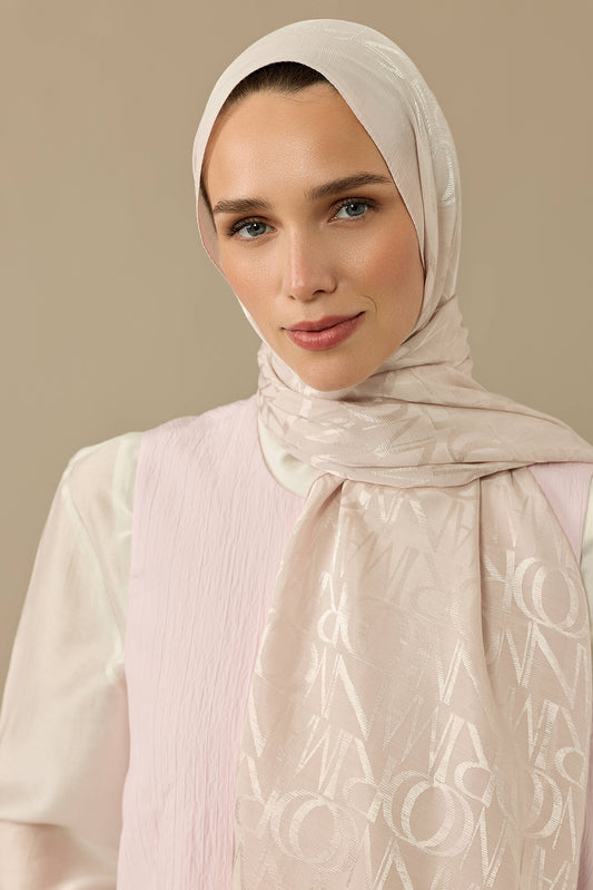 Monogram İmza Krem Shiny Jakar Şal 70x200
