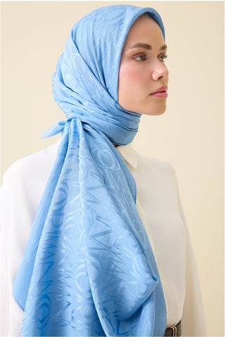 Monogram İmza Mavi Shiny Jakar Şal 70x200