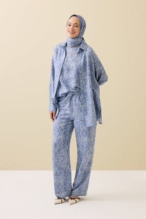 Door Pattern Blue Cotton Silk Trousers
