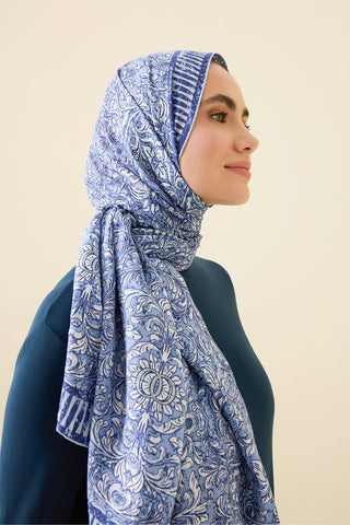 Kapı Desen Mavi Pamuk İpek Şal 70x210