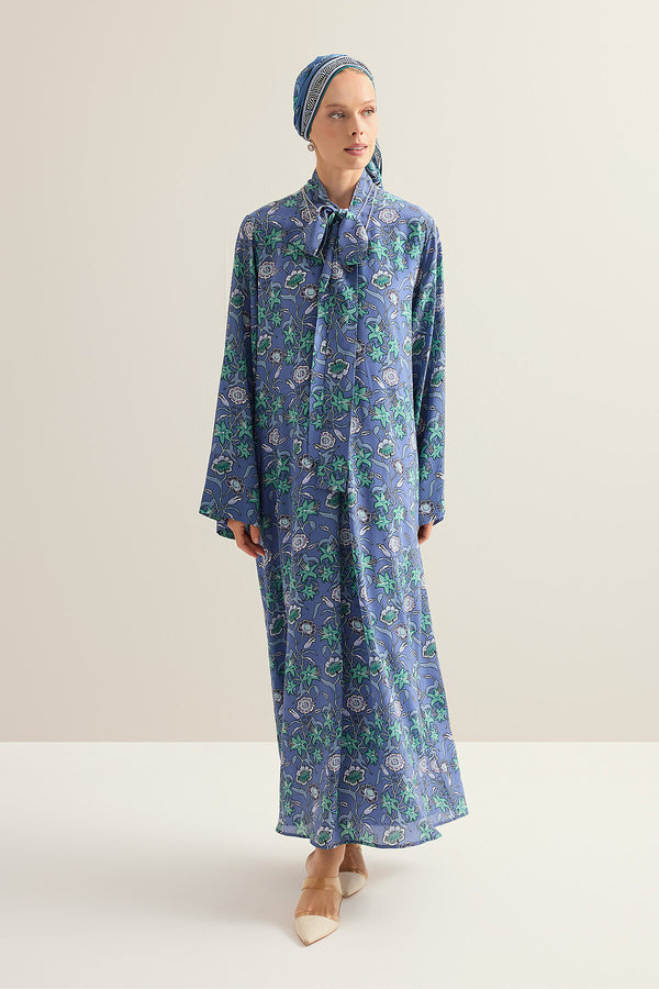 Tiger Blossom Indigo Neck-Tie Twill Silk Dress