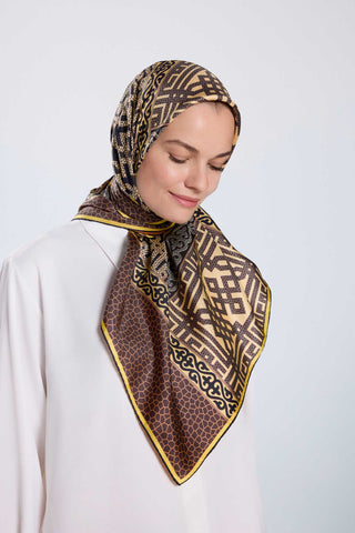 Kilim Bej-Turuncu Çift Taraflı Tivil İpek Eşarp 90x90