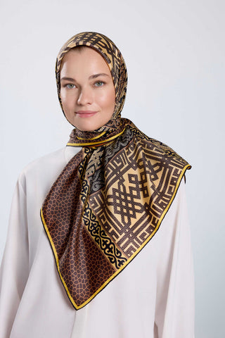 Kilim Bej-Turuncu Çift Taraflı Tivil İpek Eşarp 90x90