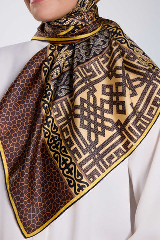 Kilim Bej-Turuncu Çift Taraflı Tivil İpek Eşarp 90x90