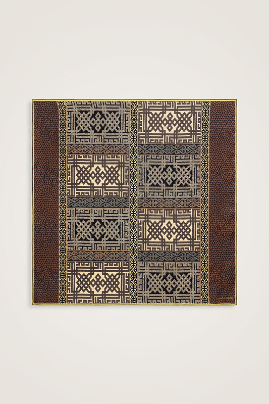 Kilim Bej-Turuncu Çift Taraflı Tivil İpek Eşarp 90x90