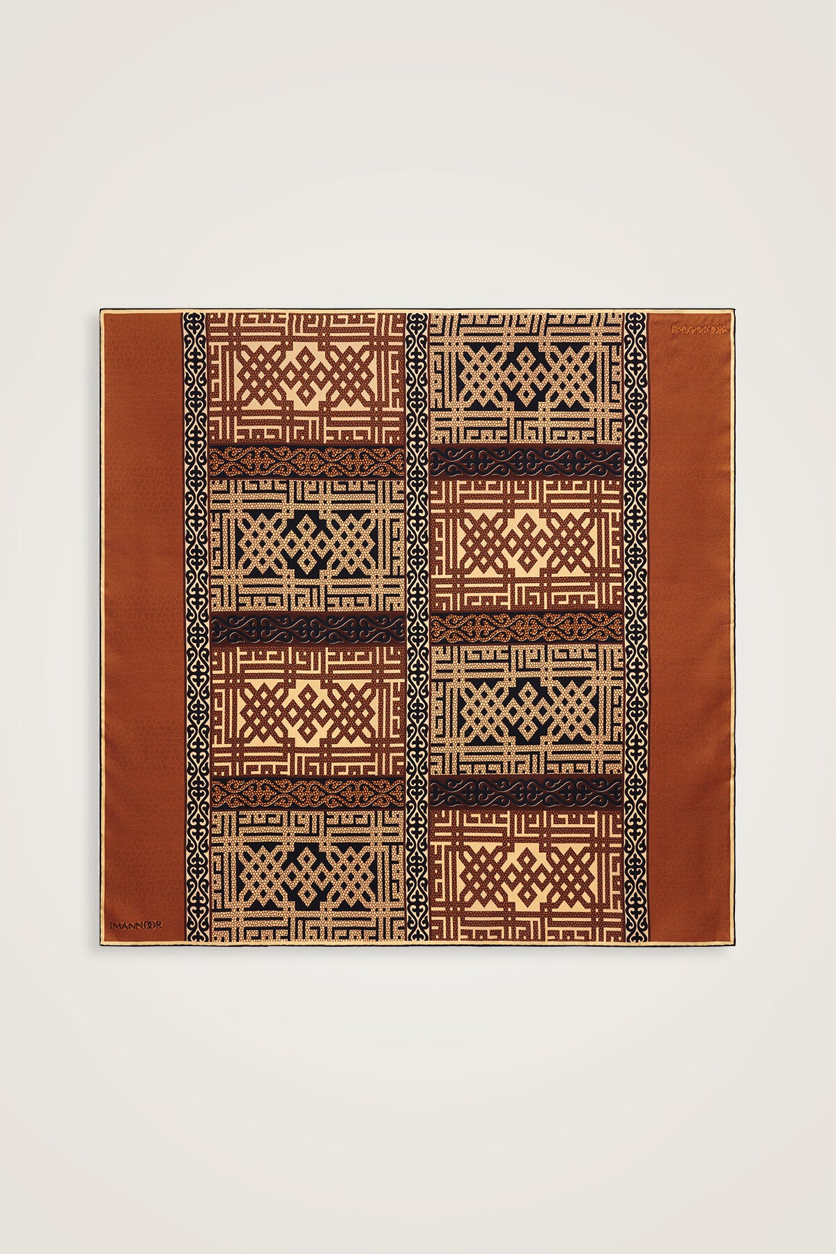 Kilim Bej-Turuncu Çift Taraflı Tivil İpek Eşarp 90x90