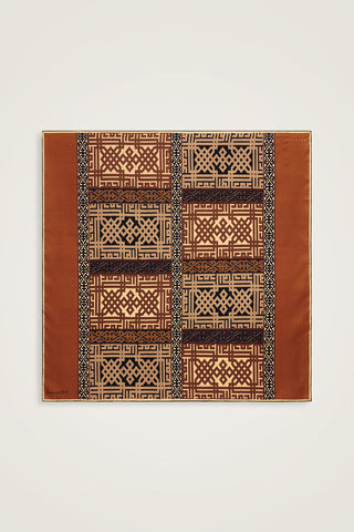 Kilim Bej-Turuncu Çift Taraflı Tivil İpek Eşarp 90x90