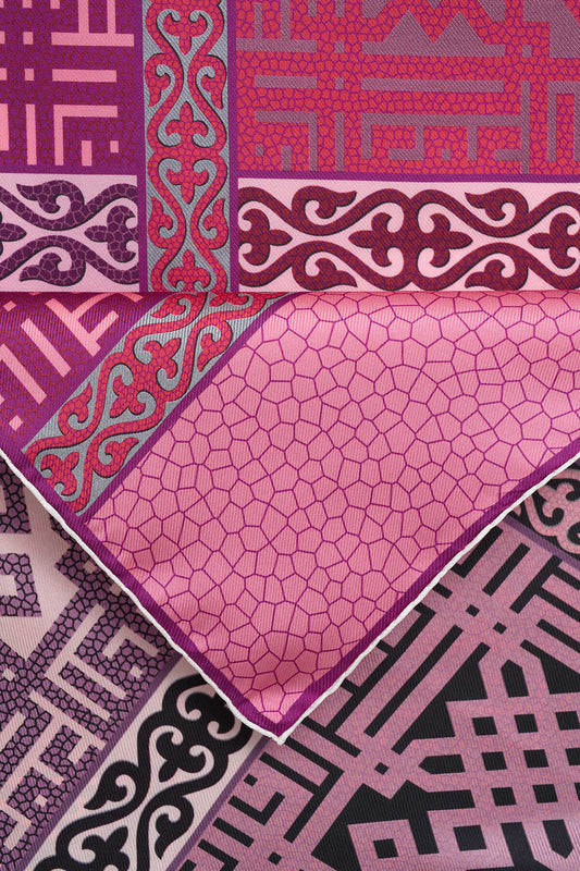 Kilim Gri-Pembe Çift Taraflı Tivil İpek Eşarp 90x90