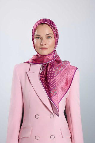 Kilim Gri-Pembe Çift Taraflı Tivil İpek Eşarp 90x90