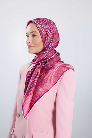Kilim Gri-Pembe Çift Taraflı Tivil İpek Eşarp 90x90
