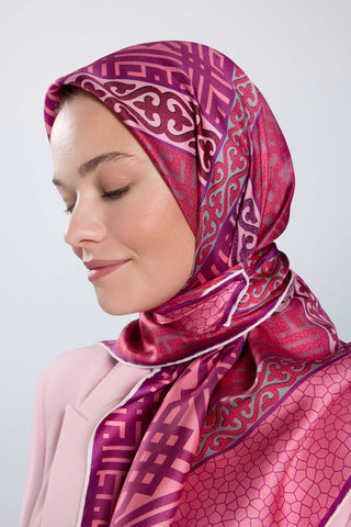 Kilim Gri-Pembe Çift Taraflı Tivil İpek Eşarp 90x90