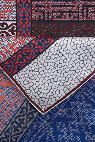 Kilim Kırmızı-Mavi Çift Taraflı Tivil İpek Eşarp 90x90