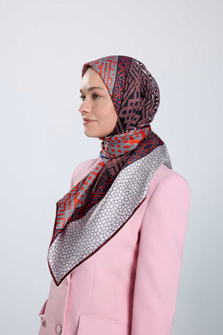 Kilim Kırmızı-Mavi Çift Taraflı Tivil İpek Eşarp 90x90