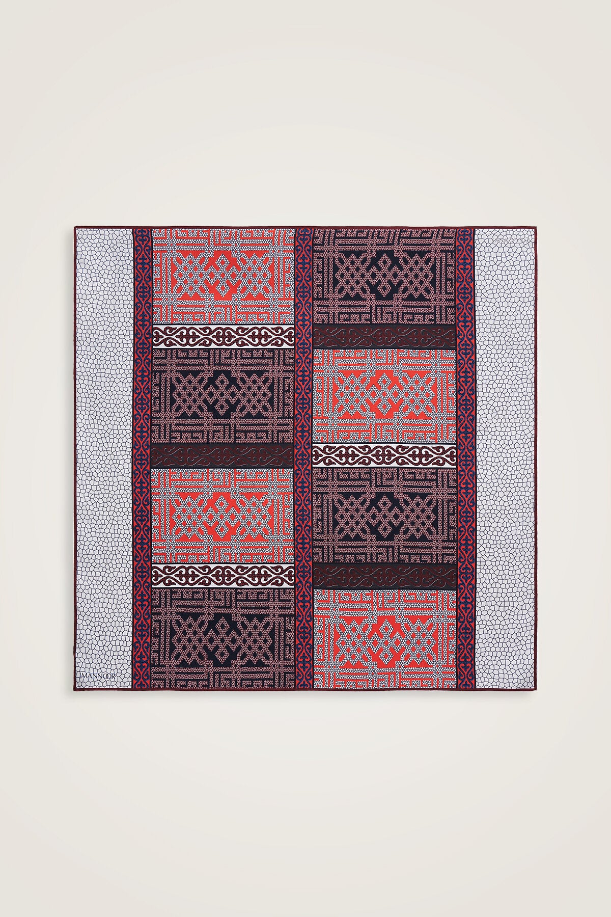 Kilim Kırmızı-Mavi Çift Taraflı Tivil İpek Eşarp 90x90