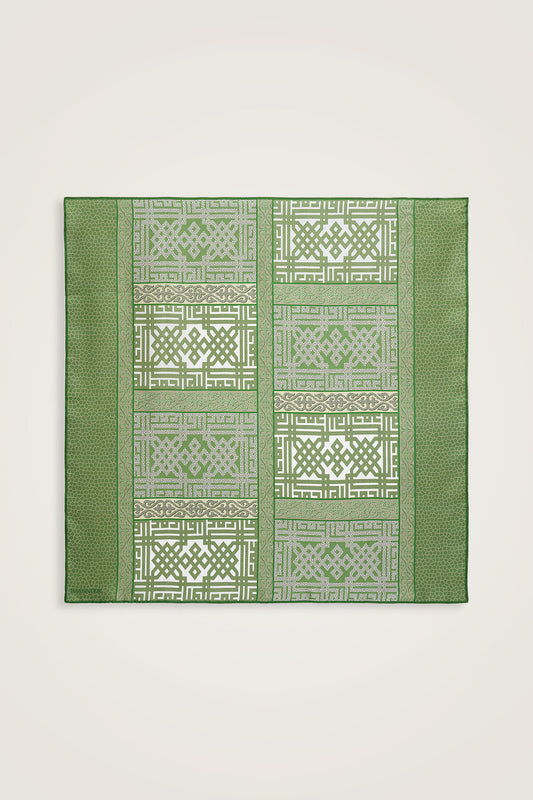 Kilim Yeşil-Bej Çift Taraflı Tivil İpek Eşarp 90x90