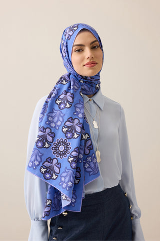 Kır Çiçeği Mor-Denim Pamuk İpek Şal 70x210