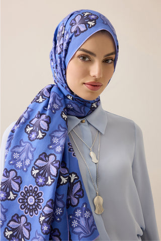 Kır Çiçeği Mor-Denim Pamuk İpek Şal 70x210