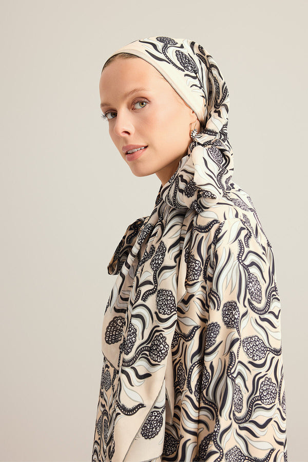 Pine Cone Blossom Cream-Gray Crepe Silk Scarf