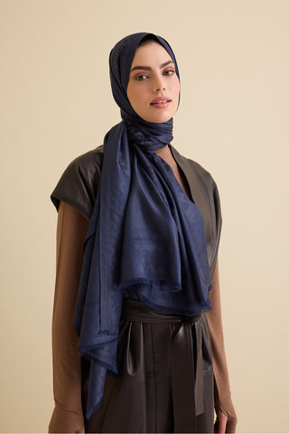Kufi Lacivert Jakar İpek Şal 70x200