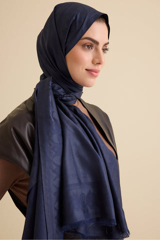 Kufi Lacivert Jakar İpek Şal 70x200