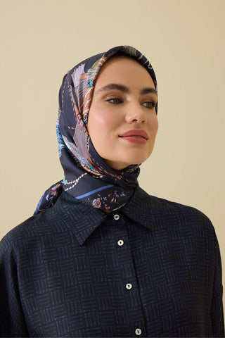 Kuşlu Noor Antrasit Tivil İpek Eşarp 95x95