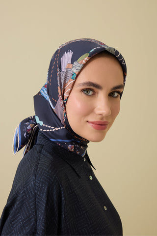 Kuşlu Noor Antrasit Tivil İpek Eşarp 95x95