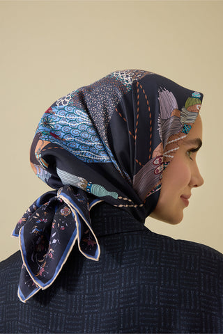 Kuşlu Noor Antrasit Tivil İpek Eşarp 95x95
