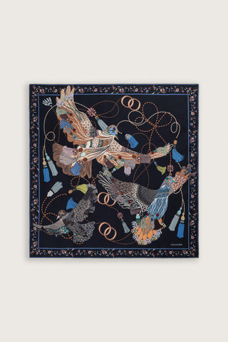 Kuşlu Noor Antrasit Tivil İpek Eşarp 95x95
