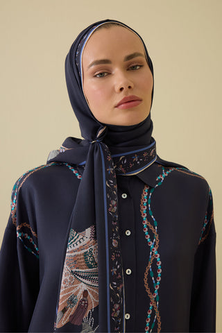 Kuşlu Noor Antrasit Krep İpek Gömlek Şalı 70x210