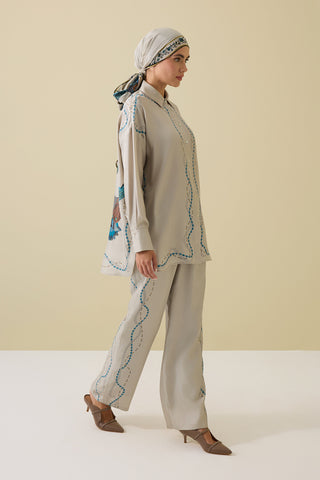 Kuşlu Noor Bej İpek Pantolon