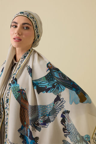Kuşlu Noor Bej Krep İpek Gömlek Şalı 70x210