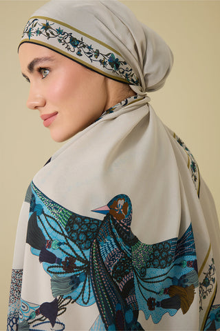 Kuşlu Noor Bej Krep İpek Gömlek Şalı 70x210