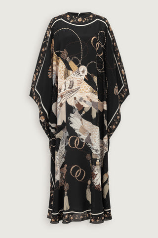 Kuşlu Noor Siyah-Bej Krep İpek Kaftan