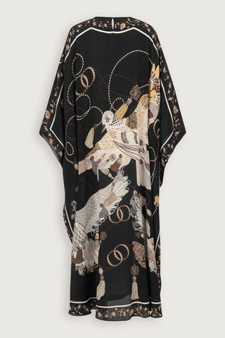 Kuşlu Noor Siyah-Bej Krep İpek Kaftan