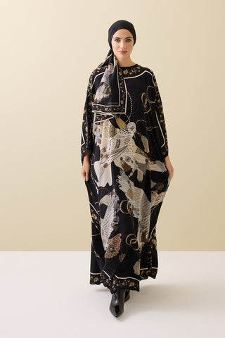 Kuşlu Noor Siyah-Bej Krep İpek Kaftan