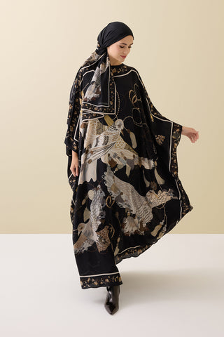 Kuşlu Noor Siyah-Bej Krep İpek Kaftan
