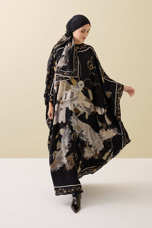 Kuşlu Noor Siyah-Bej Krep İpek Kaftan