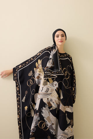 Kuşlu Noor Siyah-Bej Krep İpek Kaftan