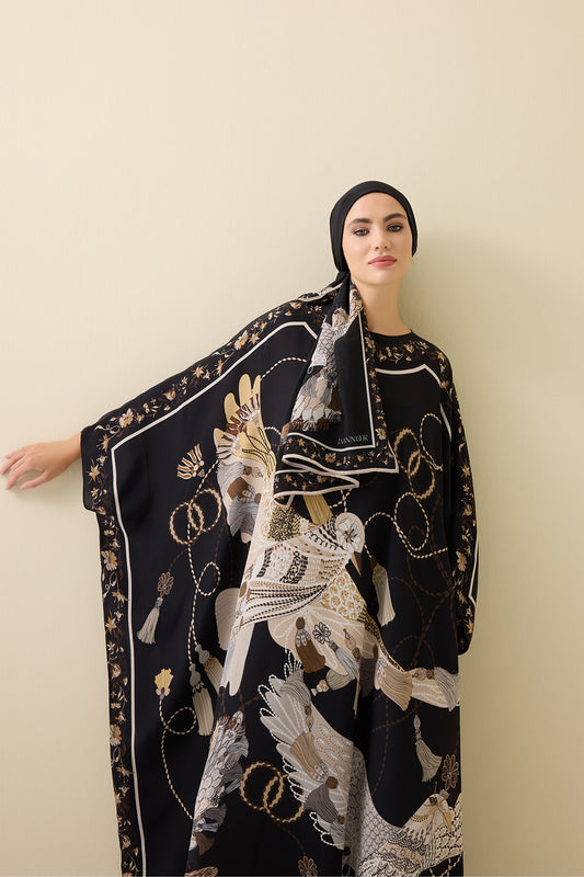 Kuşlu Noor Siyah-Bej Krep İpek Kaftan