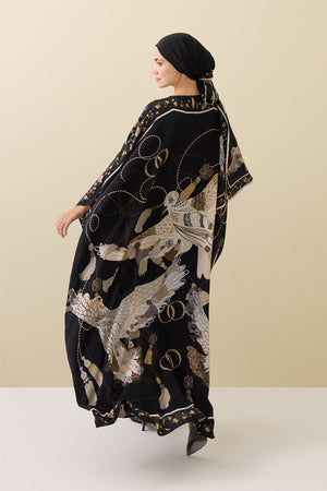 Kuşlu Noor Siyah-Bej Krep İpek Kaftan