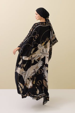 Kuşlu Noor Siyah-Bej Krep İpek Kaftan