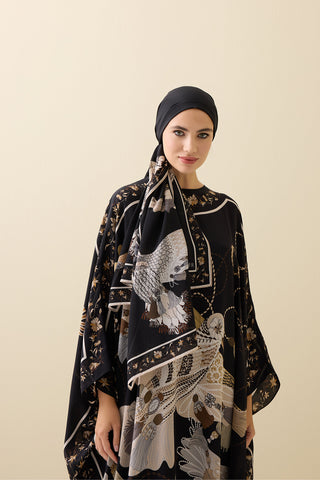 Kuşlu Noor Siyah-Bej Krep İpek Kaftan Şalı 70x210