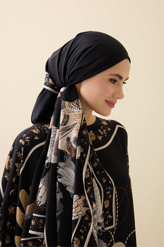 Kuşlu Noor Siyah-Bej Krep İpek Kaftan Şalı 70x210