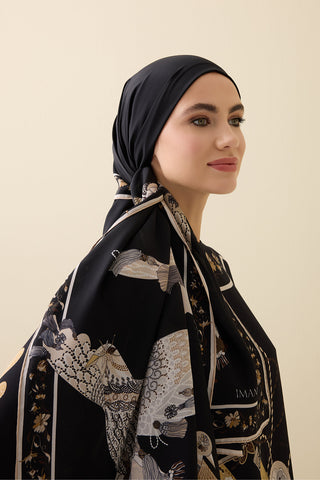 Kuşlu Noor Siyah-Bej Krep İpek Kaftan Şalı 70x210