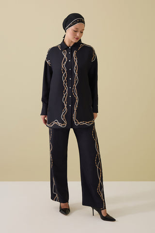 Kuşlu Noor Siyah İpek Pantolon