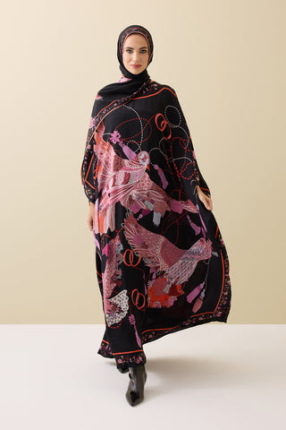 Kuşlu Noor Siyah-Kırmızı Krep İpek Kaftan