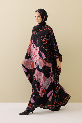Kuşlu Noor Siyah-Kırmızı Krep İpek Kaftan