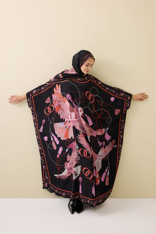 Kuşlu Noor Siyah-Kırmızı Krep İpek Kaftan