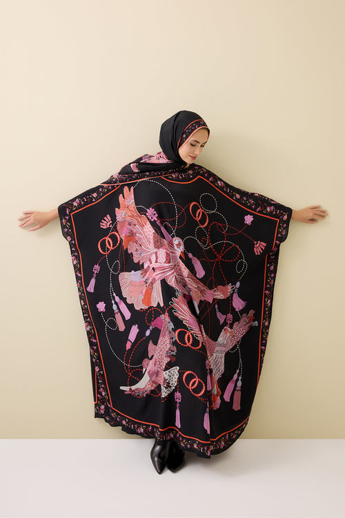 Kuşlu Noor Siyah-Kırmızı Krep İpek Kaftan